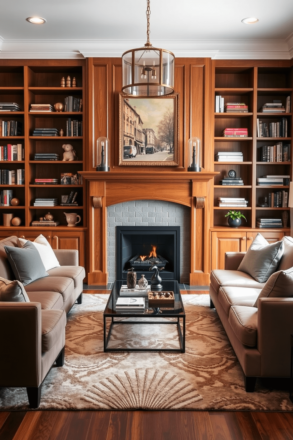 A cozy living room featuring a fireplace with a warm wood tone finish. The fireplace is surrounded by built-in shelves filled with books and decorative items. Plush seating arrangements in neutral tones are arranged around a stylish coffee table. A large area rug adds texture and warmth to the space, complementing the wooden accents.