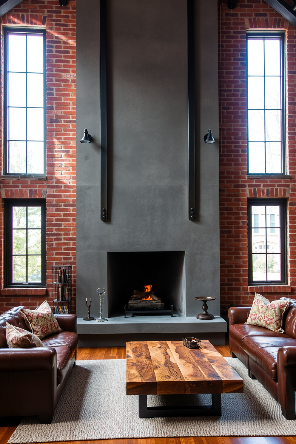 A striking industrial style fireplace dominates the living room, featuring raw metal accents and a sleek concrete surround. The fireplace is flanked by exposed brick walls, enhancing the urban vibe of the space. In front of the fireplace, a cozy seating arrangement includes a plush leather sofa and a reclaimed wood coffee table. Large windows allow natural light to flood in, highlighting the warm textures and inviting atmosphere.