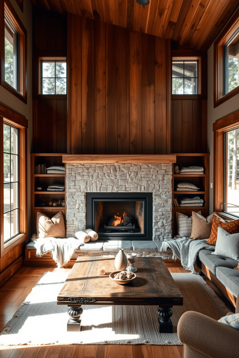 Cozy corner fireplace with built-in seating. The fireplace is surrounded by comfortable cushions and soft throws, creating an inviting atmosphere for relaxation and conversation. Natural light filters in through large windows, illuminating the warm wood tones of the seating area. A rustic coffee table sits in front of the fireplace, adorned with a few carefully arranged decorative items.