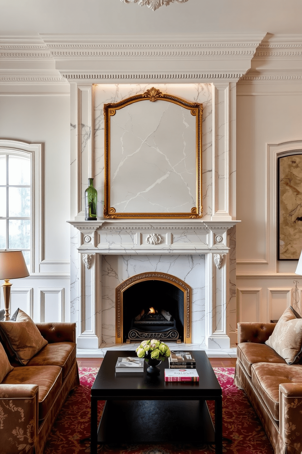 An elegant marble fireplace with intricate gold trim serves as the focal point of the living room. Surrounding the fireplace, plush seating in rich fabrics complements the sophisticated atmosphere, creating a warm and inviting space.