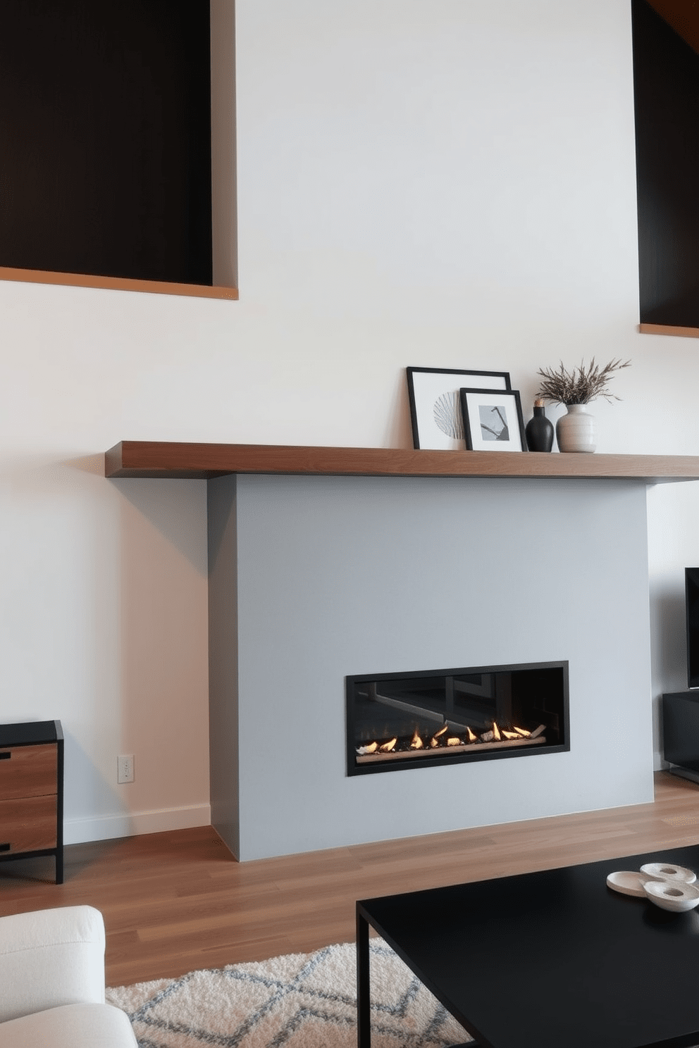 A stylish living room featuring a floating mantel above a sleek modern fireplace. The mantel is made of reclaimed wood and is adorned with minimalistic decor, while the fireplace has a clean, linear design that complements the contemporary aesthetic.