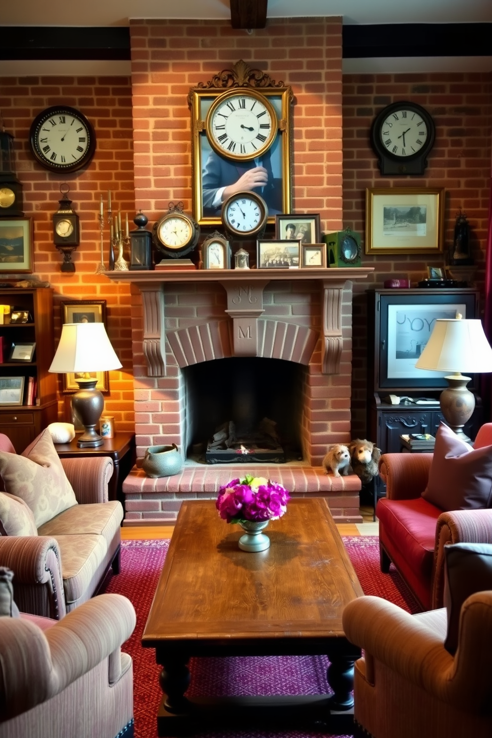 A traditional brick fireplace serves as the focal point of the living room, surrounded by vintage decor that adds character and warmth. An ornate mantel displays a collection of antique clocks and framed photographs, creating a cozy and inviting atmosphere. Plush armchairs upholstered in rich fabrics are arranged around a rustic wooden coffee table, enhancing the room's charm. Soft lighting from stylish lamps casts a warm glow, making the space perfect for relaxation and gatherings.