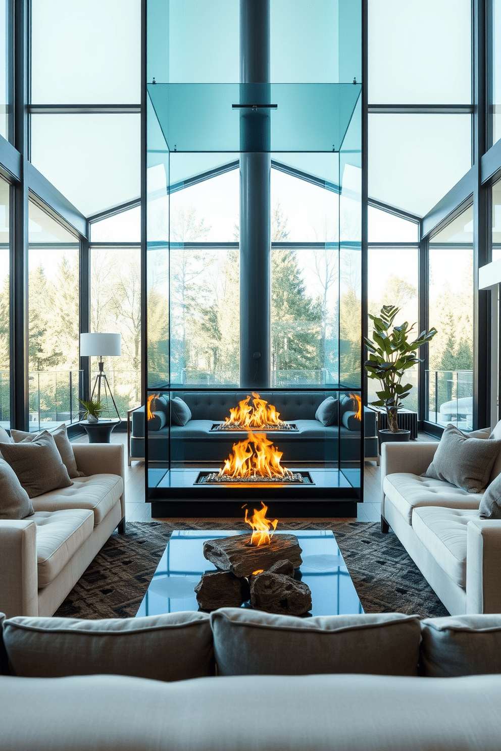 A contemporary glass fireplace serves as the focal point in an open living space. The sleek design features a minimalist frame, allowing the flames to be the star of the show, while surrounding furniture is arranged to create an inviting atmosphere. Large windows flood the room with natural light, enhancing the modern aesthetic. A cozy seating area with plush sofas and a stylish coffee table complements the elegance of the fireplace, making it the perfect spot for relaxation and entertaining.