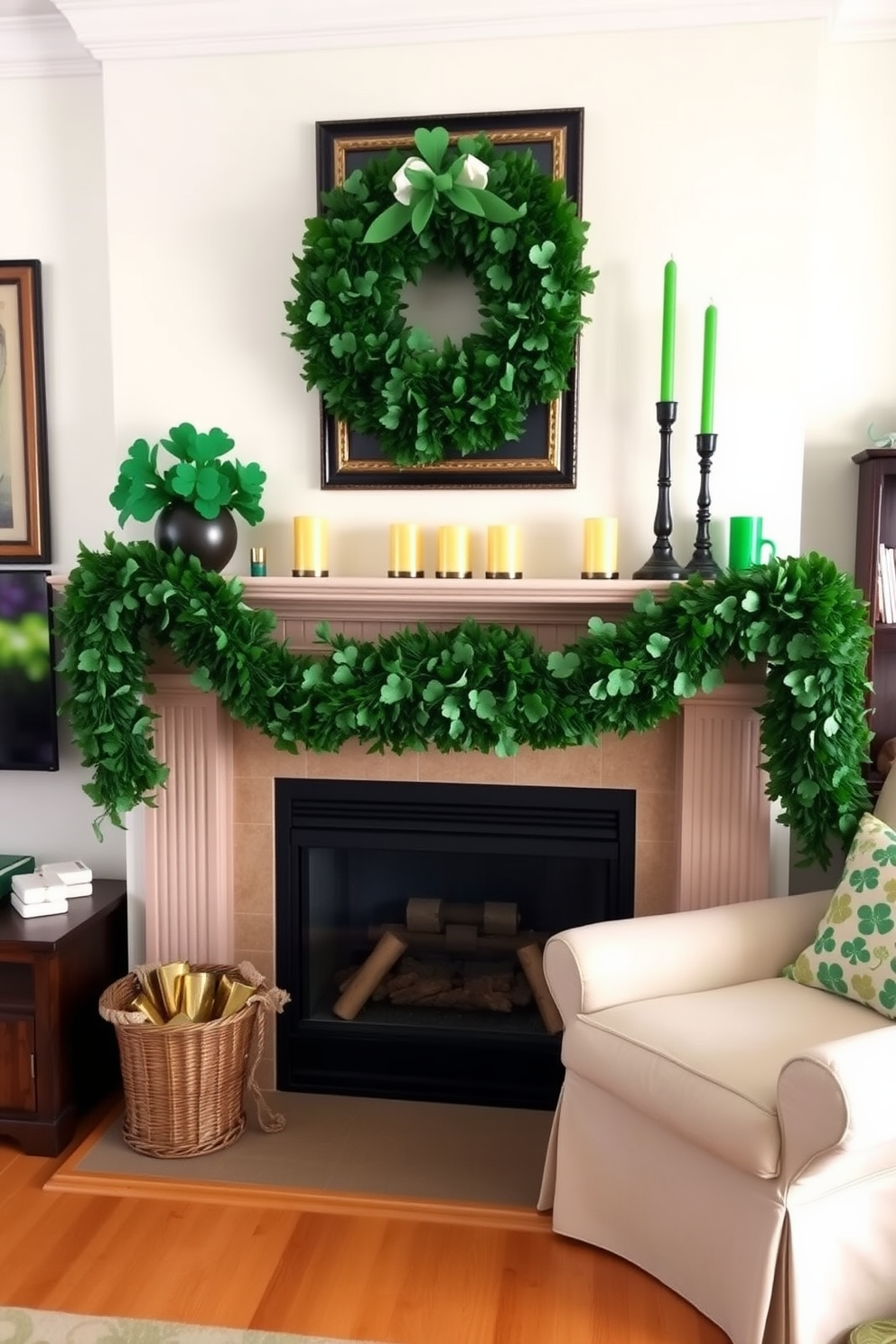 A charming living room adorned for St. Patrick's Day features a lush green shamrock garland draped elegantly across the mantel. The fireplace is decorated with festive accents, including small pots of gold and cheerful green candles, creating a warm and inviting atmosphere.