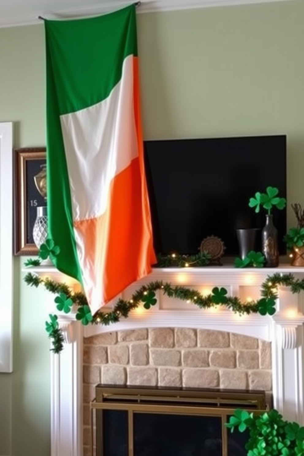 A cozy living room setting features an Irish flag elegantly draped over the mantel above a charming fireplace. The mantel is adorned with festive St. Patrick's Day decorations, including green shamrocks and twinkling fairy lights.