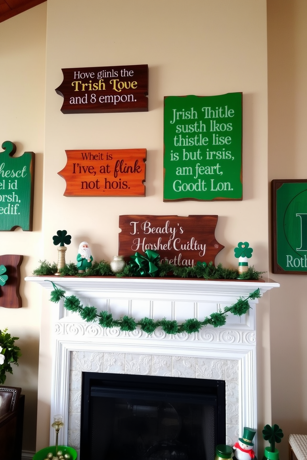 Wooden signs with Irish sayings hang on the walls, each beautifully crafted and painted in vibrant colors. The signs feature traditional phrases that evoke a sense of Irish heritage and charm. A cozy fireplace serves as the focal point of the room, adorned with green garlands and festive decorations. St. Patrick's Day-themed accents, such as shamrocks and leprechaun figurines, create a warm and inviting atmosphere.