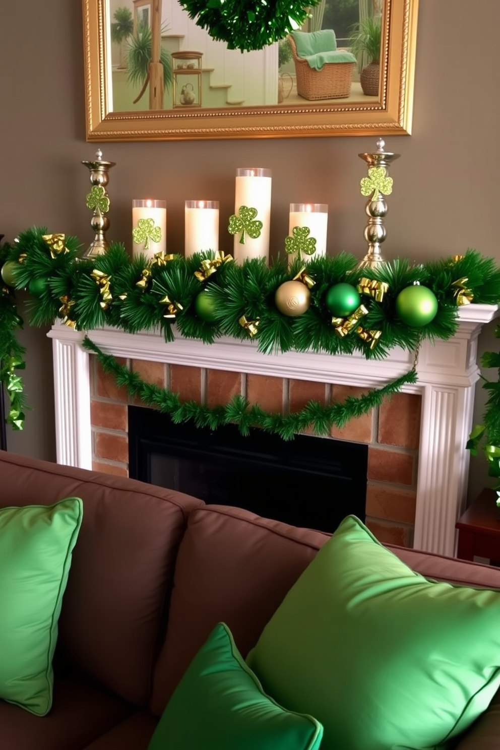 A cozy living room setting decorated for St. Patrick's Day. There are candles adorned with glittery shamrock accents placed on the mantelpiece above the fireplace. The fireplace is surrounded by green and gold decorations, creating a festive atmosphere. Soft green throw pillows are arranged on the couch, complementing the holiday theme.