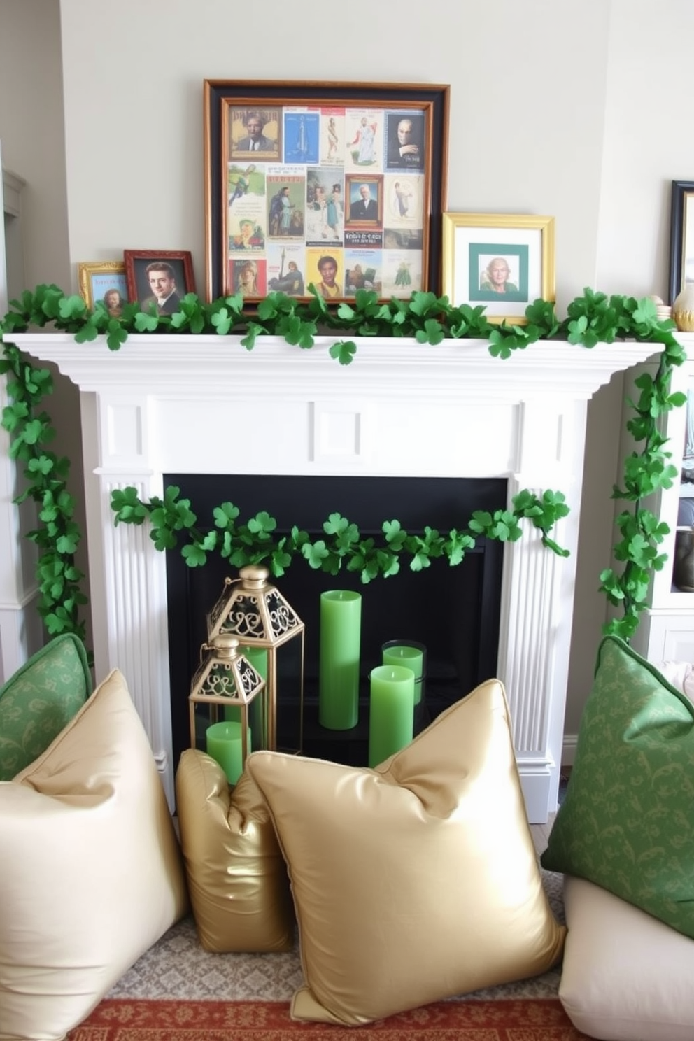 A cozy living room features a fireplace adorned with a vibrant green garland made of faux shamrocks. Above the mantel, a collection of framed vintage St. Patrick's Day postcards adds a nostalgic touch to the decor. On the hearth, a set of decorative lanterns filled with green candles casts a warm glow. Surrounding the fireplace, plush green and gold pillows invite guests to relax and enjoy the festive atmosphere.