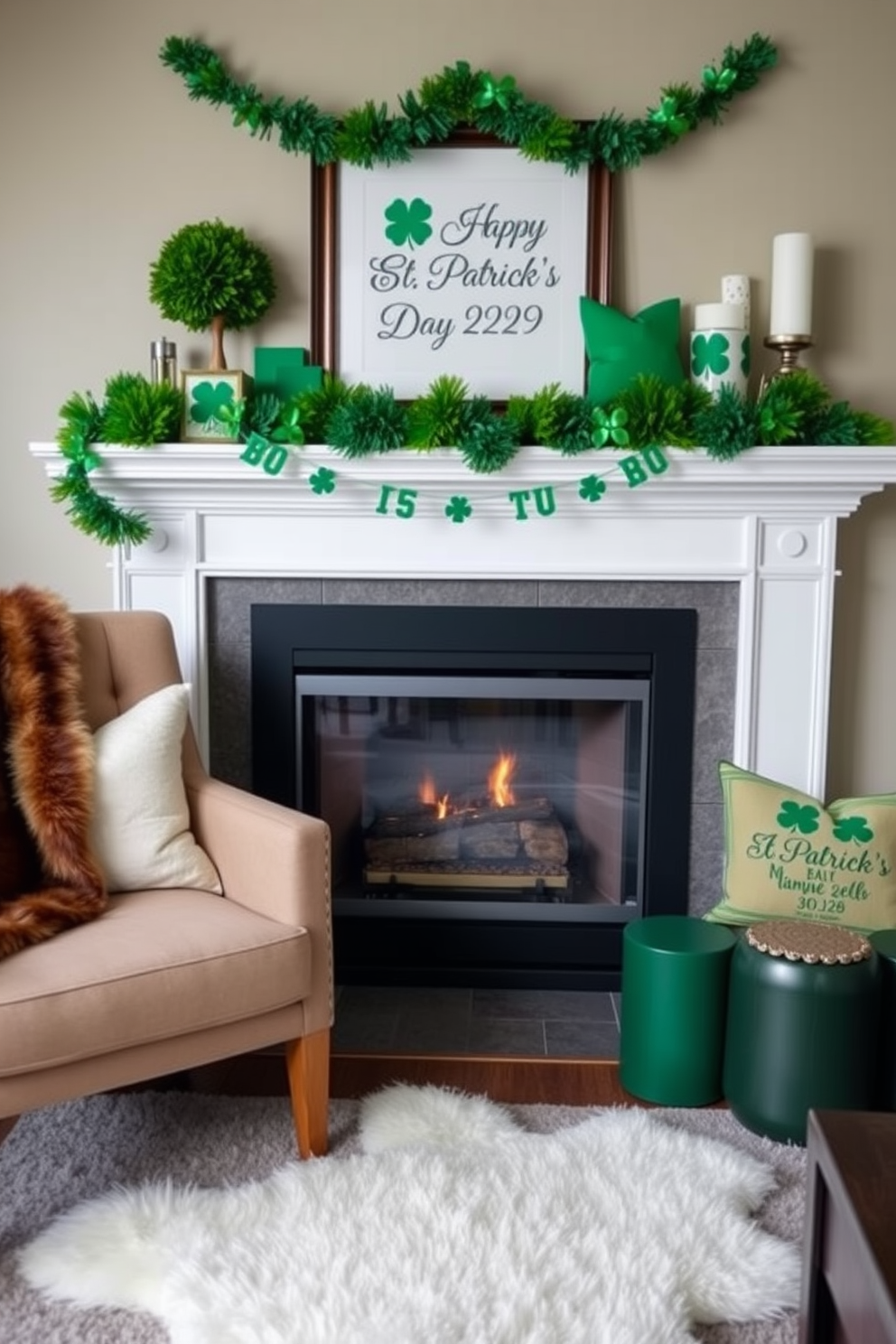 A cozy living room setting featuring a faux fur throw draped over a plush armchair. A modern fireplace with a sleek design is the focal point, surrounded by tasteful St. Patrick's Day decorations like green garlands and themed pillows.