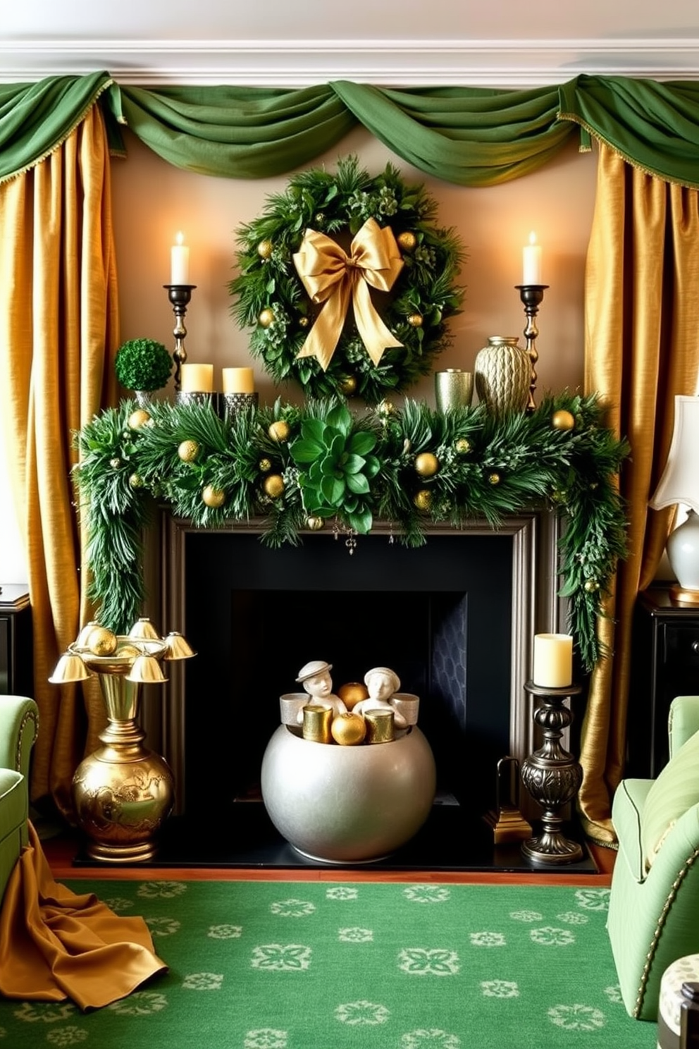 Layered green and gold fabrics create an elegant and inviting atmosphere. The rich textures and hues complement each other beautifully, enhancing the overall design. A cozy fireplace serves as a stunning focal point in the room. Decorated with festive St. Patrick's Day accents, it brings warmth and charm to the space.