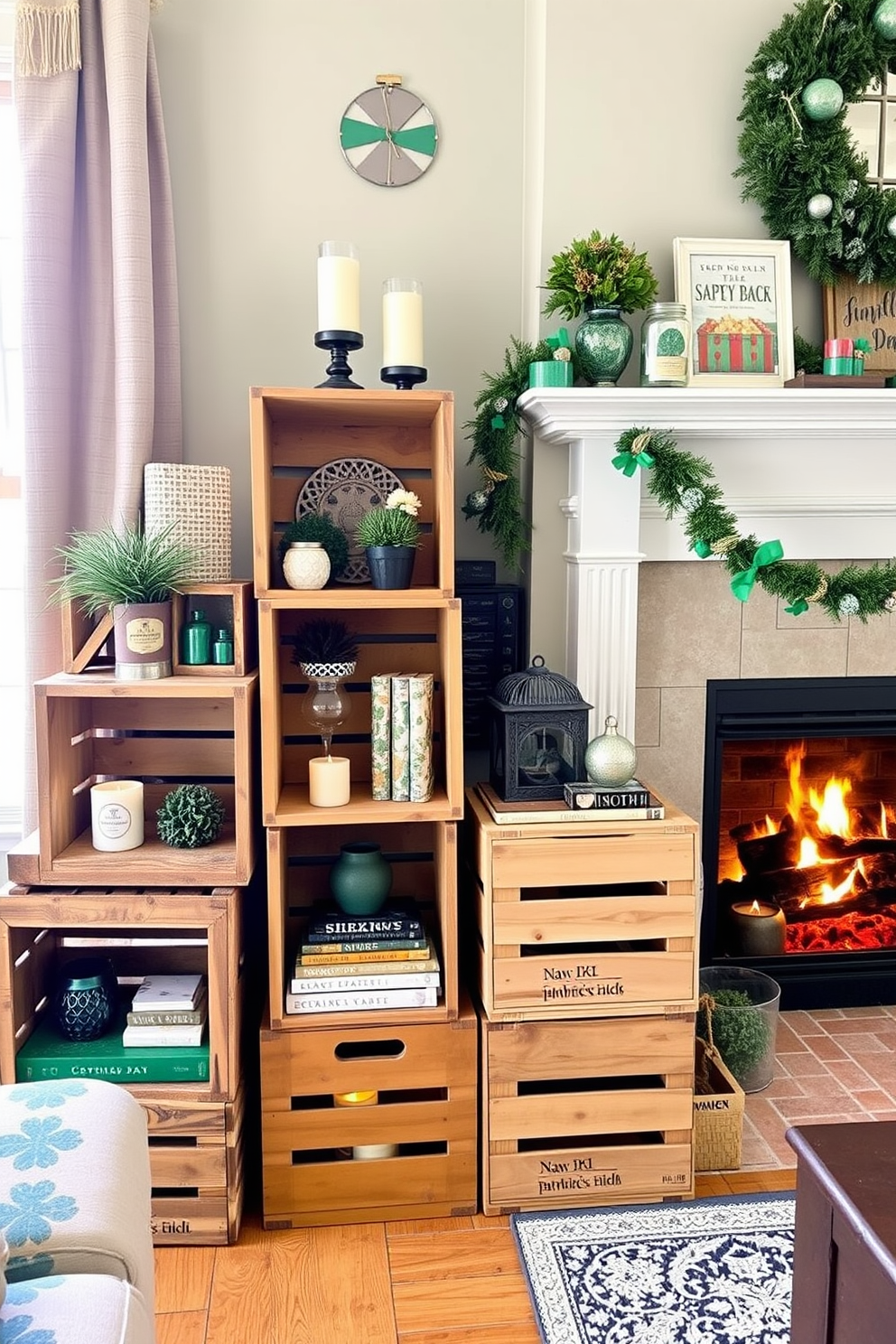 Rustic wooden crates are stacked in a cozy living room, adorned with various decor items such as candles, plants, and books. A warm fireplace crackles nearby, its mantel decorated with garlands and accents reflecting St. Patrick's Day themes.