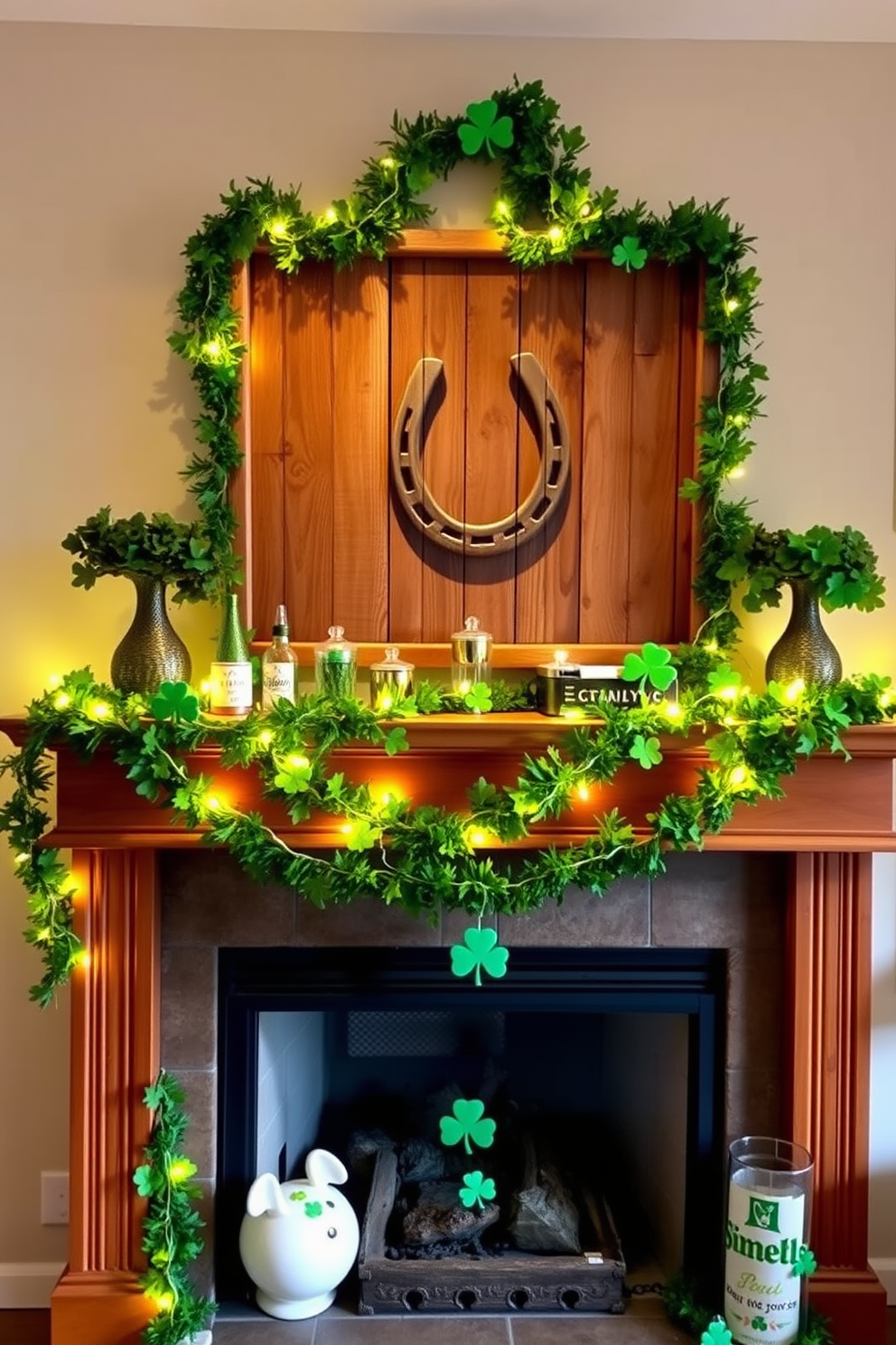 Horseshoe wall art for good luck. The design features a rustic wooden frame showcasing a vintage horseshoe, surrounded by greenery and small decorative elements that evoke a sense of warmth and charm. Fireplace St. Patricks Day Decorating Ideas. The fireplace is adorned with vibrant green garlands, twinkling fairy lights, and a collection of shamrock-themed decorations, creating a festive and inviting atmosphere.