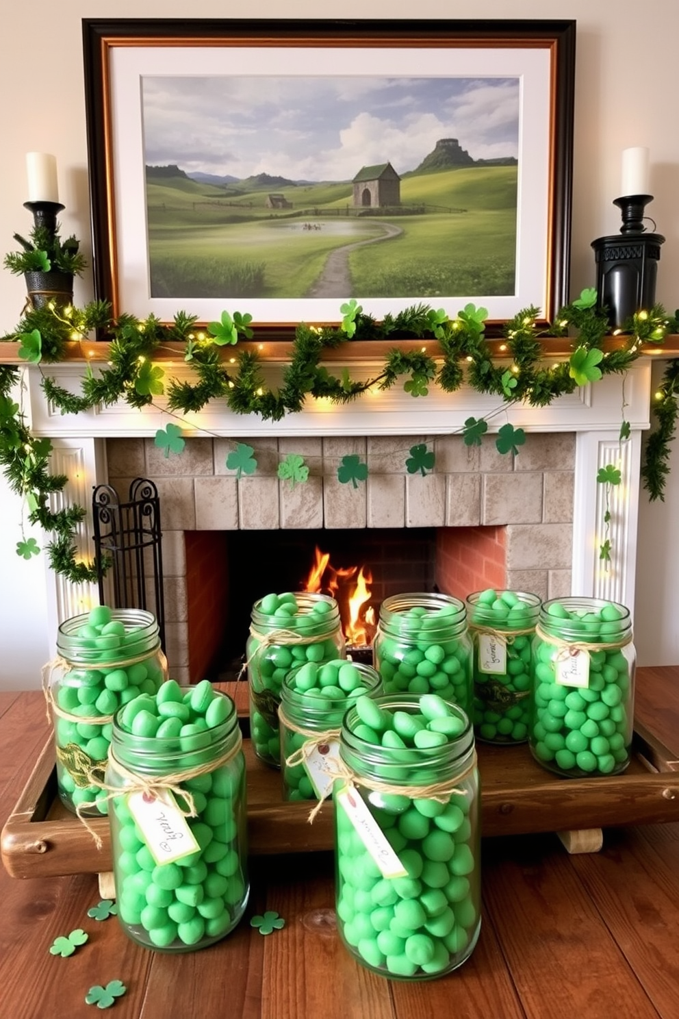 Mason jars filled with vibrant green treats are arranged on a rustic wooden table. The jars are embellished with twine and small tags, creating a charming display for a festive gathering. A cozy fireplace is adorned with St. Patrick's Day decorations, featuring garlands of shamrocks and twinkling fairy lights. Above the mantel, a large framed print of a scenic Irish landscape adds a touch of elegance to the festive atmosphere.