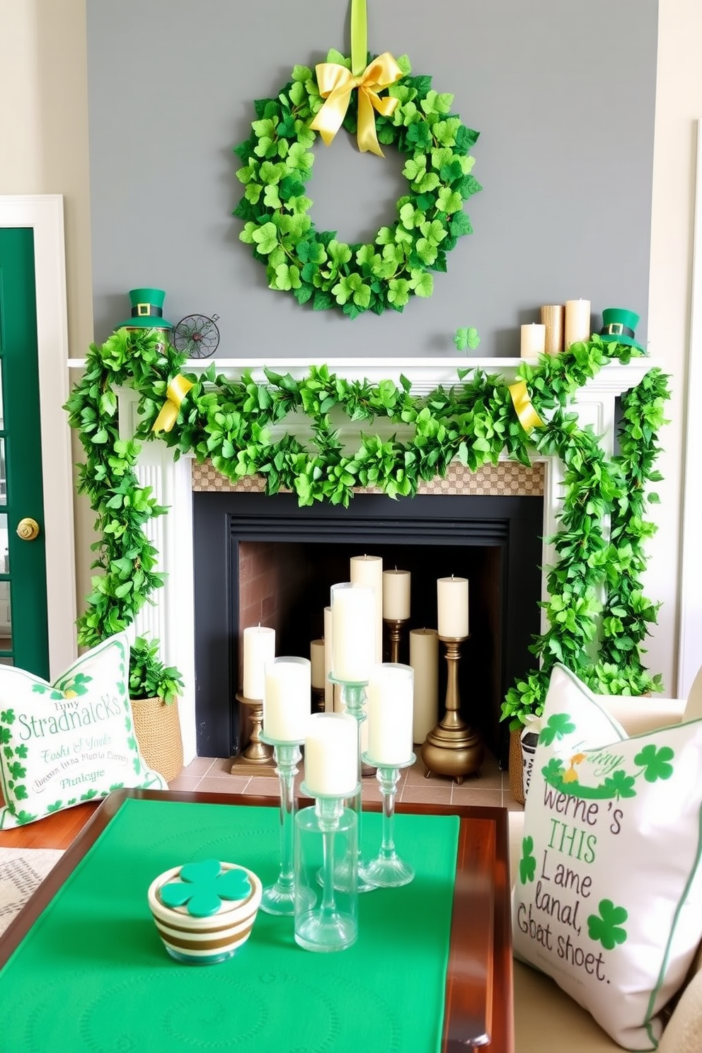 A festive St. Patrick's Day themed wreath adorns the front door, made of vibrant green leaves and shamrocks. Accents of gold ribbons and small leprechaun hats add a whimsical touch to the design. The fireplace is beautifully decorated with garlands of green and gold, complemented by cheerful shamrock ornaments. A collection of candles in varying heights creates a warm and inviting atmosphere for the holiday celebration. Creative St. Patrick's Day decorating ideas fill the living space, with green table runners and themed centerpieces enhancing the festive spirit. Cushions with playful Irish sayings and patterns bring comfort and charm to the overall decor.