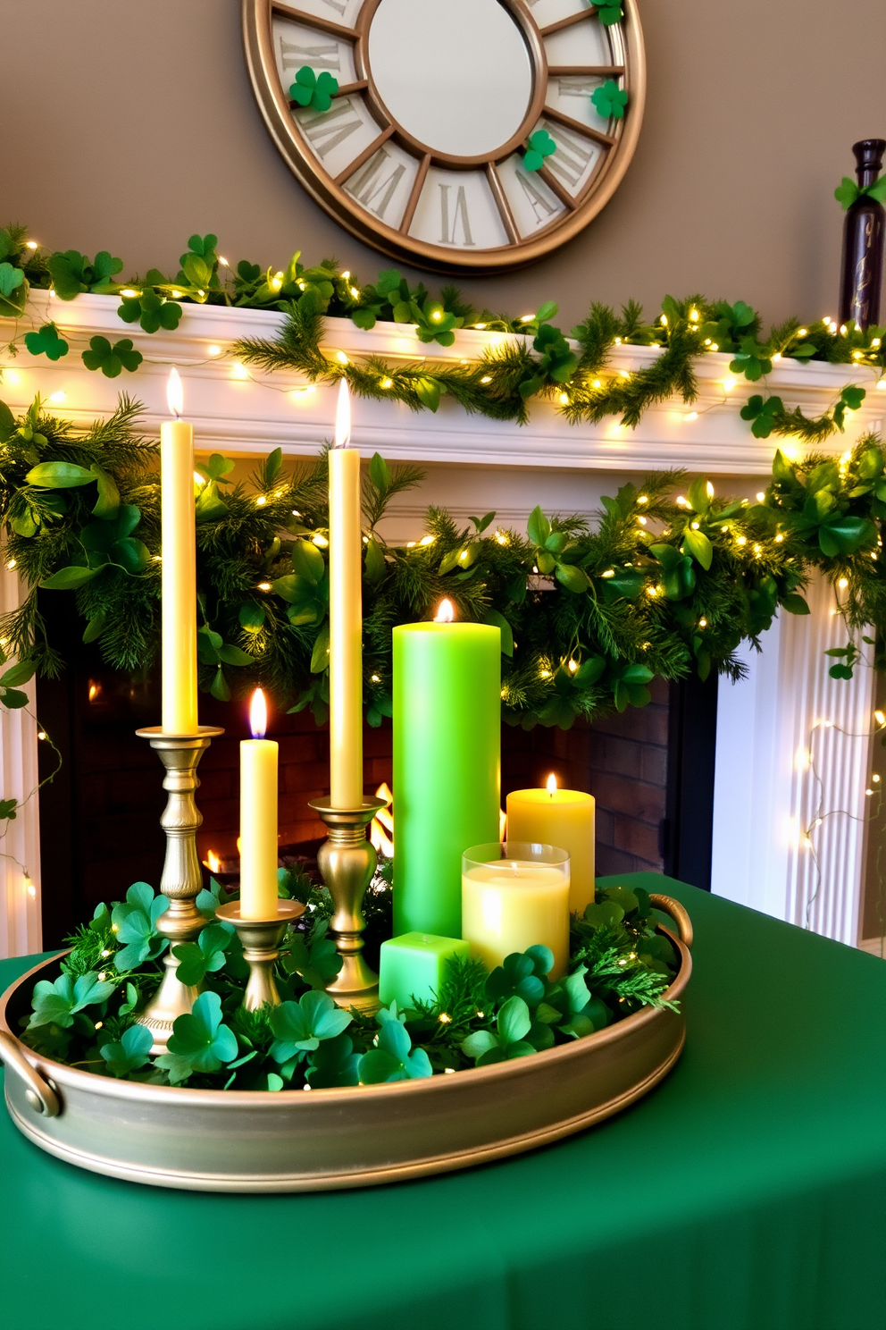 A stunning arrangement of gold and green candles is placed on a decorative tray. The candles vary in height and are surrounded by lush greenery, creating an inviting atmosphere. A stylish fireplace is adorned with festive St. Patrick's Day decorations. Shamrock garlands drape elegantly across the mantel, complemented by twinkling fairy lights for a magical touch.