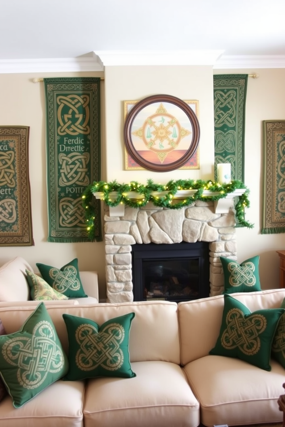 A cozy living room featuring Celtic knot designs in the decor. The walls are adorned with intricate tapestries showcasing various knot patterns, and throw pillows on the sofa incorporate these designs in rich greens and golds. In the center of the room, a traditional stone fireplace serves as a focal point. Above the mantel, a garland of shamrocks and twinkling fairy lights adds a festive touch for St. Patrick's Day celebrations.