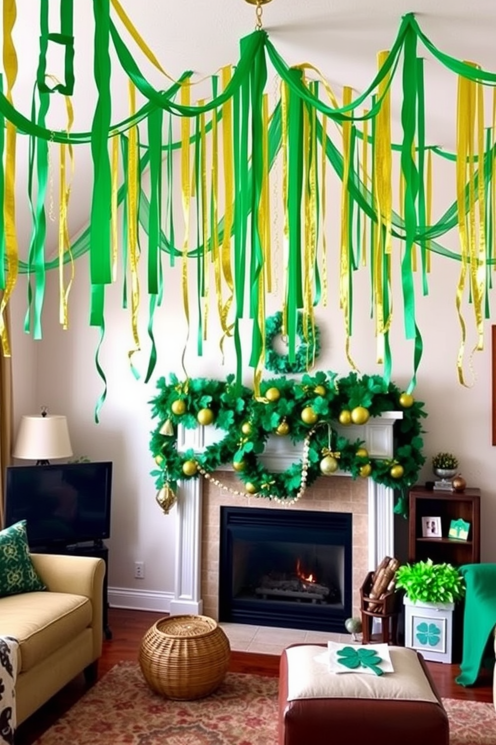 A festive living room adorned with hanging green and gold streamers that cascade from the ceiling. A cozy fireplace serves as the focal point, decorated with St. Patrick's Day-themed ornaments and a vibrant garland of shamrocks.