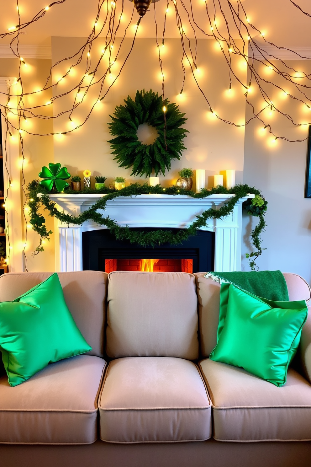 A cozy living room setting adorned with whimsical fairy lights draped across the ceiling creating a magical ambiance. A plush sofa is positioned in front of a charming fireplace, which is decorated with seasonal St. Patrick's Day accents like green garlands and shamrock ornaments. The fireplace mantle is beautifully styled with a mix of candles and small potted plants, enhancing the festive spirit. Soft green and gold throw pillows are scattered on the sofa, inviting relaxation while celebrating the holiday.