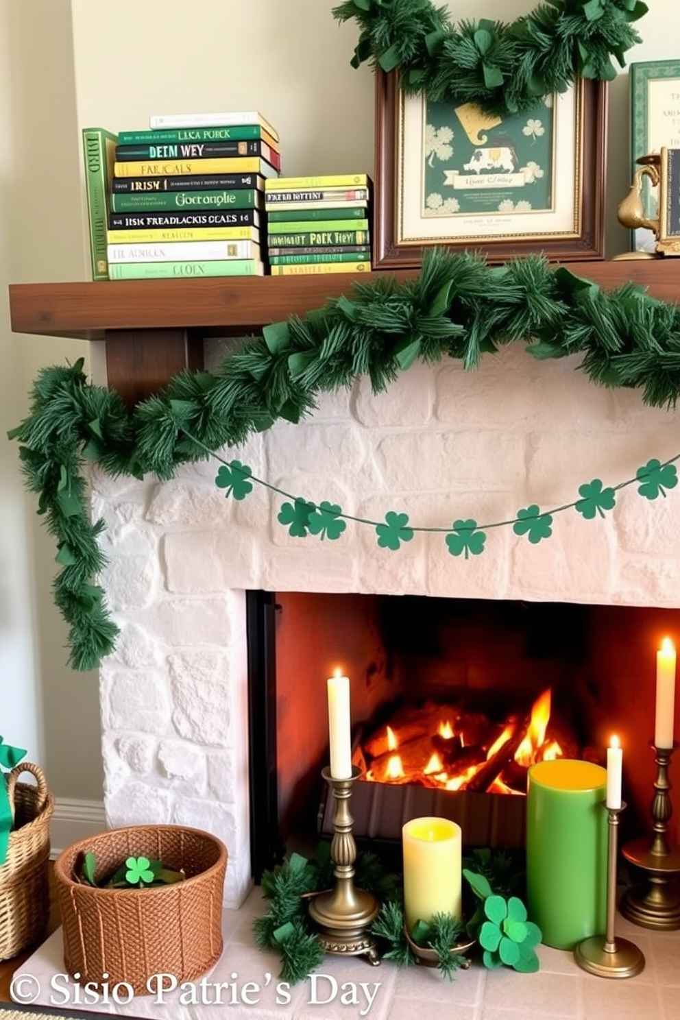 A cozy living room setting adorned with Irish-themed books stacked on a rustic wooden shelf. A warm fireplace is the focal point, decorated with green and gold accents for St. Patrick's Day, including shamrock garlands and festive candles.