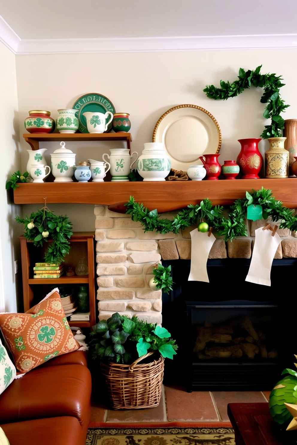 A charming living room setting showcasing traditional Irish pottery pieces displayed on a rustic wooden shelf. The room features a cozy fireplace adorned with seasonal St. Patrick's Day decorations, including green garlands and festive ornaments.