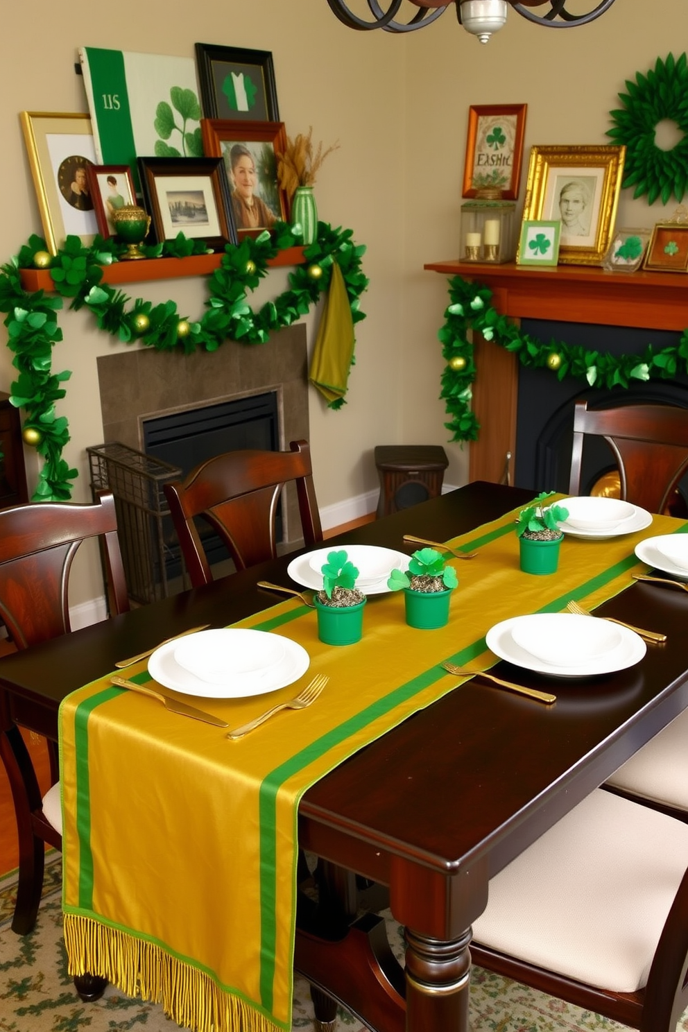 A cozy dining room setting adorned with green and gold table runners draped elegantly across a dark wooden table. The table is set with white dinnerware and gold cutlery, complemented by small potted shamrocks as centerpieces, creating a festive atmosphere for St. Patrick's Day. To the side, a charming fireplace is decorated with garlands of green and gold accents, enhancing the warmth of the space. Above the mantle, a collection of decorative items and framed art featuring Irish motifs adds a personal touch to the holiday decor.