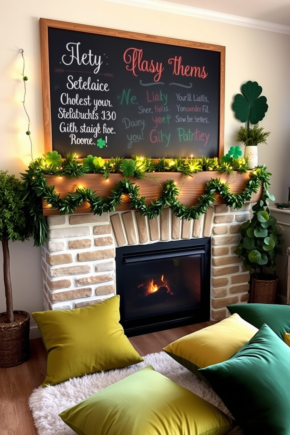 A cozy living room setting for St. Patrick's Day. There's a warm fireplace with a rustic mantel adorned with green garlands and twinkling fairy lights. On the wall, a large chalkboard displays festive messages in colorful chalk. Surrounding the fireplace, plush green and gold cushions are scattered on a soft area rug.