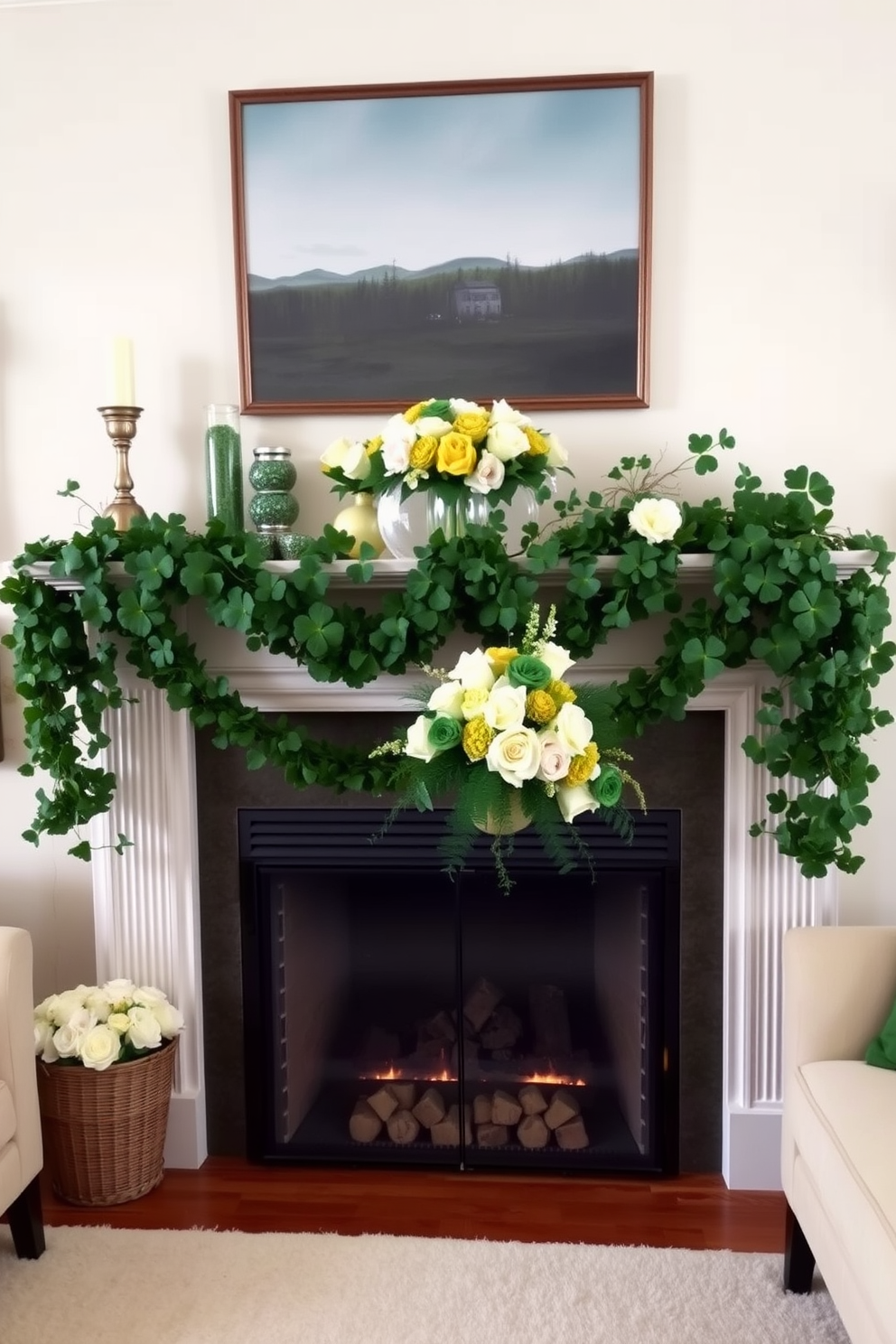 A cozy living room setting adorned for St. Patrick's Day. A stylish fireplace is decorated with a garland of clovers and green accents, creating a festive atmosphere. On the mantel, there are elegant floral arrangements featuring clovers interspersed with white and gold flowers. The room is filled with soft green and cream textiles, enhancing the warm and inviting feel.