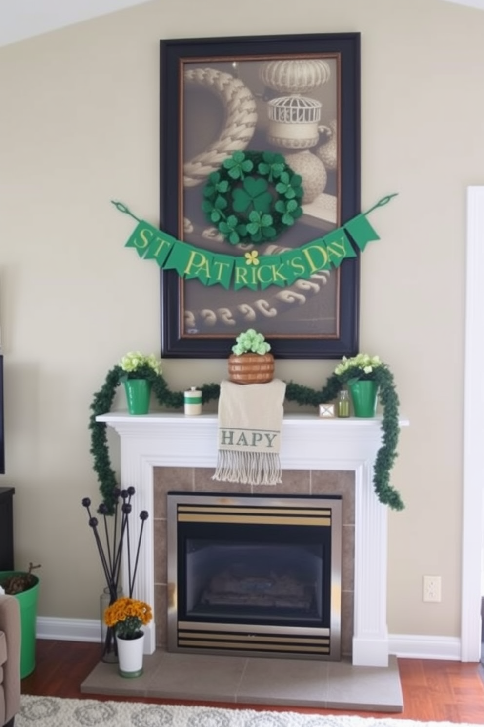 A cozy living room decorated for St. Patrick's Day features a charming fireplace as the focal point. Above the fireplace, a festive banner with shamrocks and cheerful lettering hangs, adding a touch of holiday spirit.