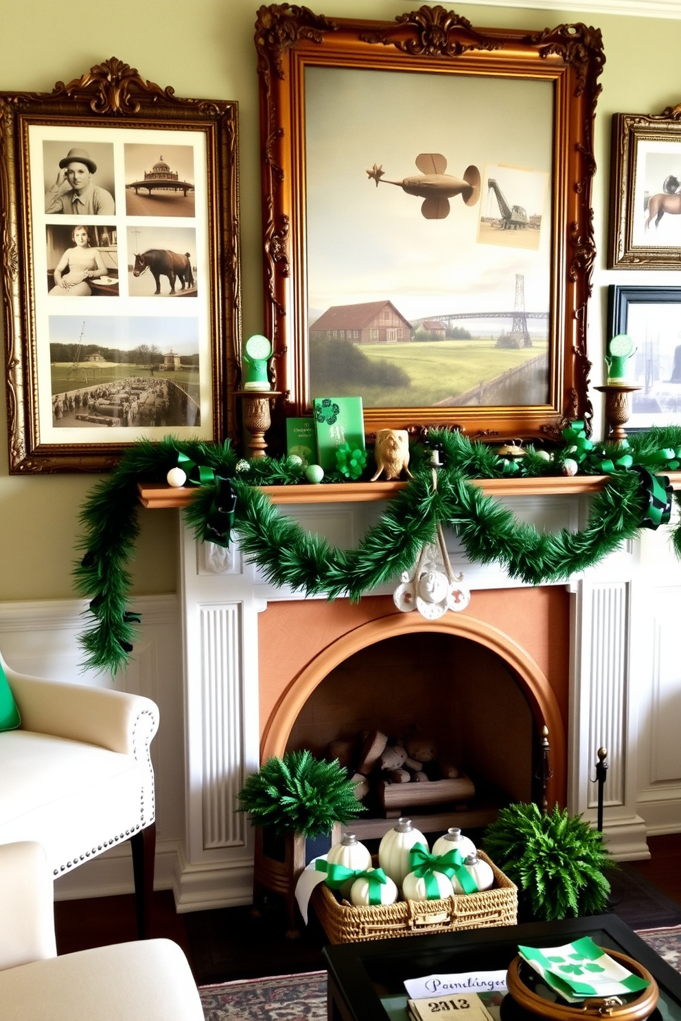 A cozy living room adorned with vintage Irish postcards displayed in elegant frames on the walls. A charming fireplace serves as the focal point, decorated with green garlands and festive St. Patrick's Day accents, creating a warm and inviting atmosphere.