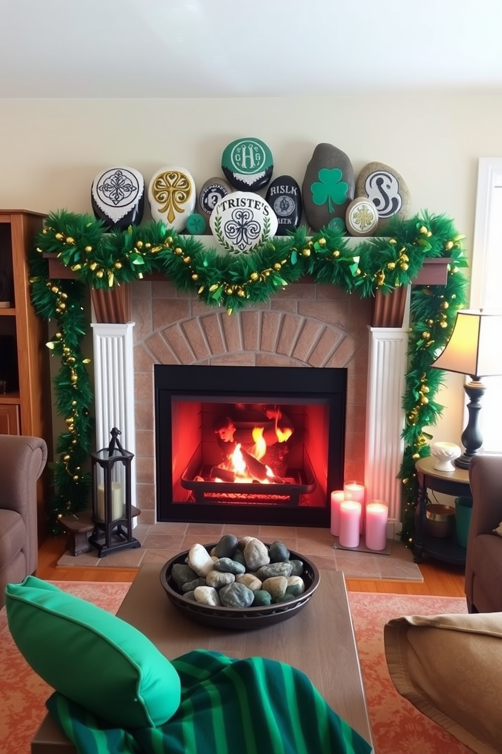 A cozy living room adorned with painted rocks featuring intricate Irish symbols is the focal point of the space. A warm fireplace is decorated with garlands of green and gold, creating a festive atmosphere for St. Patrick's Day celebrations.