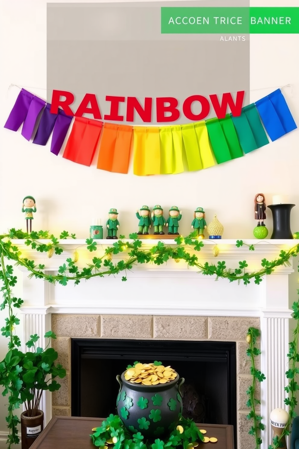 A vibrant DIY rainbow banner stretches across the room, with each color vividly represented in a gradient. Below the banner, a whimsical pot of gold sits on a table, surrounded by shamrocks and festive decorations. The fireplace is adorned with garlands of green and gold, creating a cozy atmosphere for St. Patrick's Day celebrations. Above the mantel, cheerful accents like leprechaun figurines and twinkling fairy lights enhance the festive spirit.