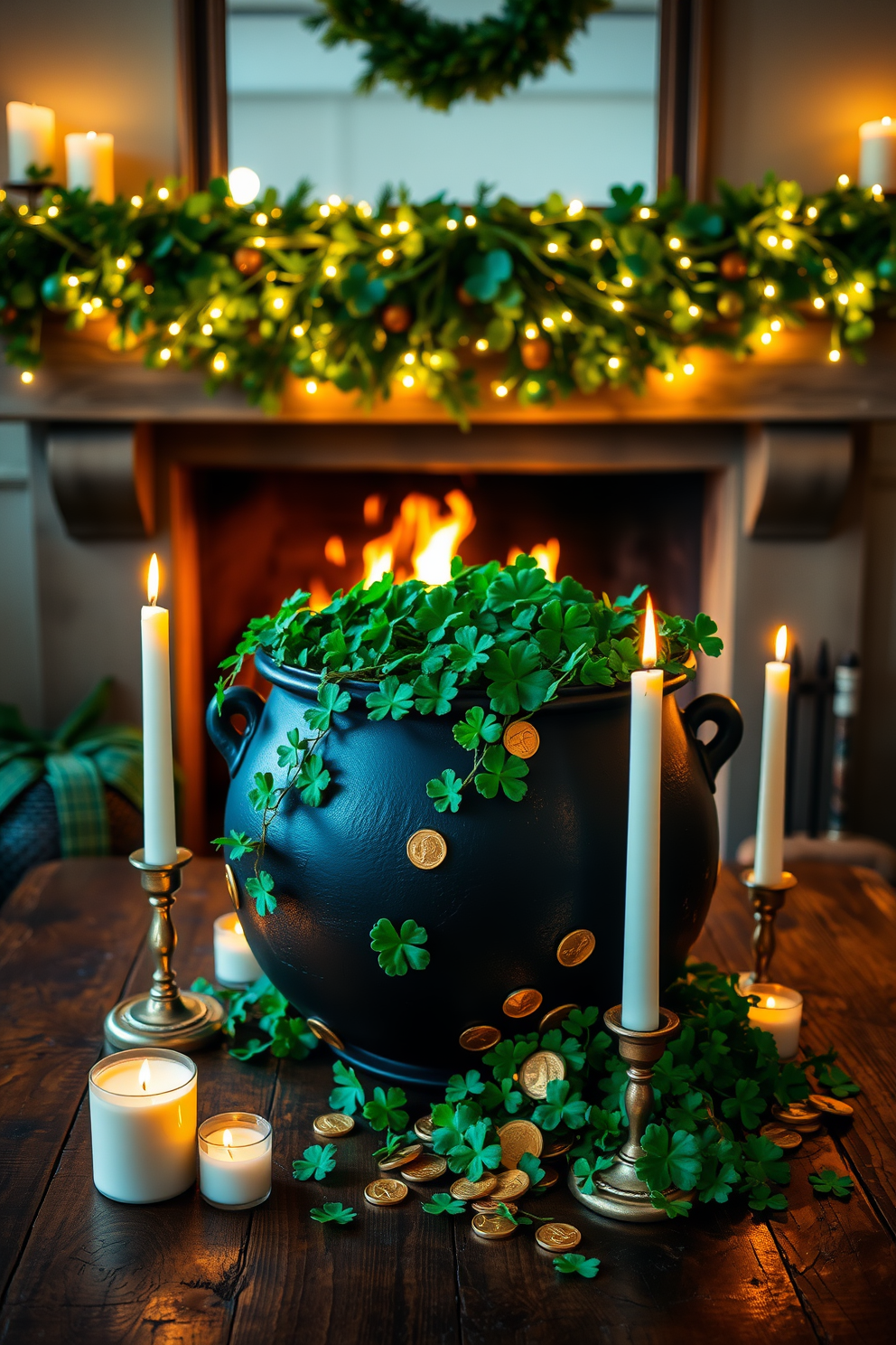 A large black cauldron sits as the centerpiece on a rustic wooden table, filled with vibrant green shamrocks and gold coins spilling over the sides. Surrounding the cauldron are flickering candles in varying heights, casting a warm glow that enhances the festive atmosphere. Above the cauldron, a mantel is adorned with a garland of green and gold, featuring twinkling fairy lights intertwined with fresh greenery. A cozy fireplace crackles softly in the background, adding warmth and charm to the St. Patrick's Day celebration.