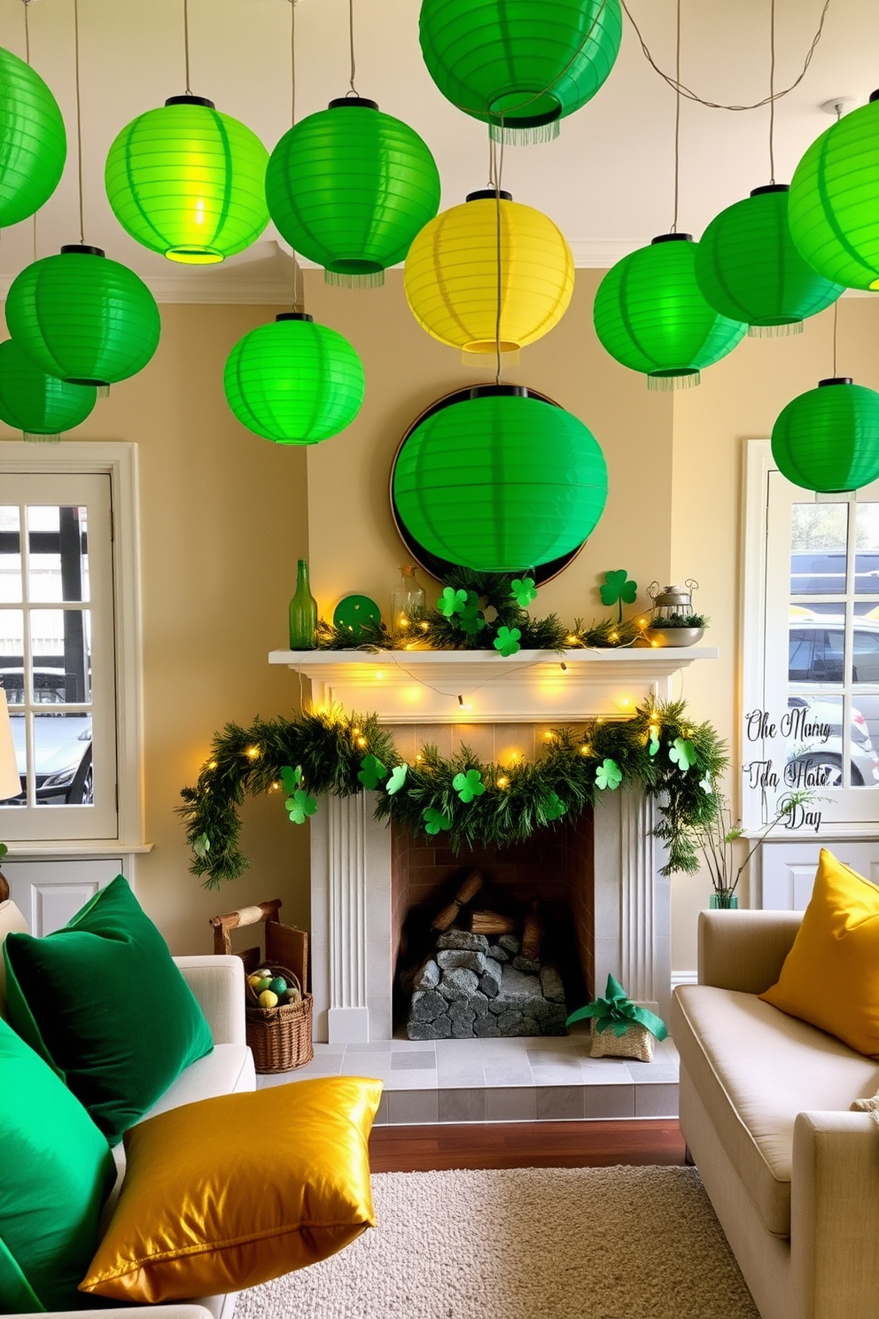 A cozy living room adorned with hanging paper lanterns in vibrant green hues. The atmosphere is festive and inviting, perfect for celebrating St. Patrick's Day with family and friends. A charming fireplace serves as the focal point, decorated with garlands of shamrocks and twinkling fairy lights. Plush cushions in shades of green and gold are arranged on the seating, enhancing the cheerful ambiance.