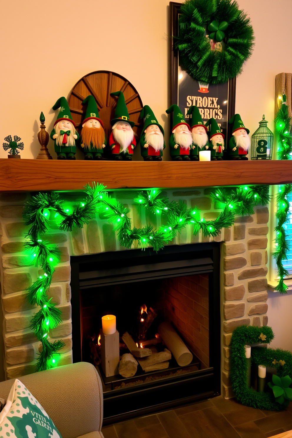 A charming display of decorative leprechaun figurines is arranged on a rustic wooden shelf. The vibrant colors of the figurines bring a festive spirit to the room, creating a whimsical atmosphere. A cozy fireplace serves as the focal point, adorned with green garlands and twinkling fairy lights. St. Patrick's Day decorations enhance the warmth of the space, inviting guests to gather and celebrate.