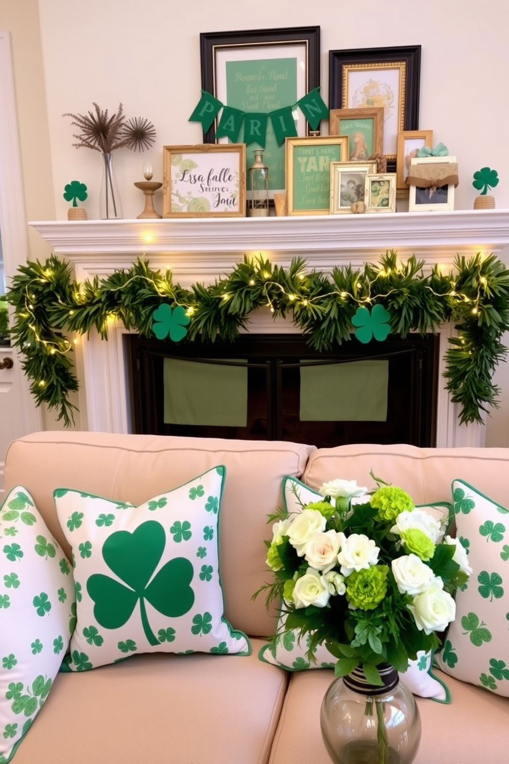 St. Patrick's Day themed throw pillows are adorned with vibrant green patterns and playful shamrock designs. The pillows are arranged on a cozy beige sofa, creating a festive and inviting atmosphere. A classic fireplace is elegantly decorated with garlands of green foliage and twinkling fairy lights. Above the mantel, a collection of St. Patrick's Day themed art pieces adds a cheerful touch to the warm ambiance. St. Patrick's Day decorating ideas include hanging green banners and displaying gold accents throughout the room. Fresh flowers in shades of green and white are arranged in a decorative vase, enhancing the holiday spirit.