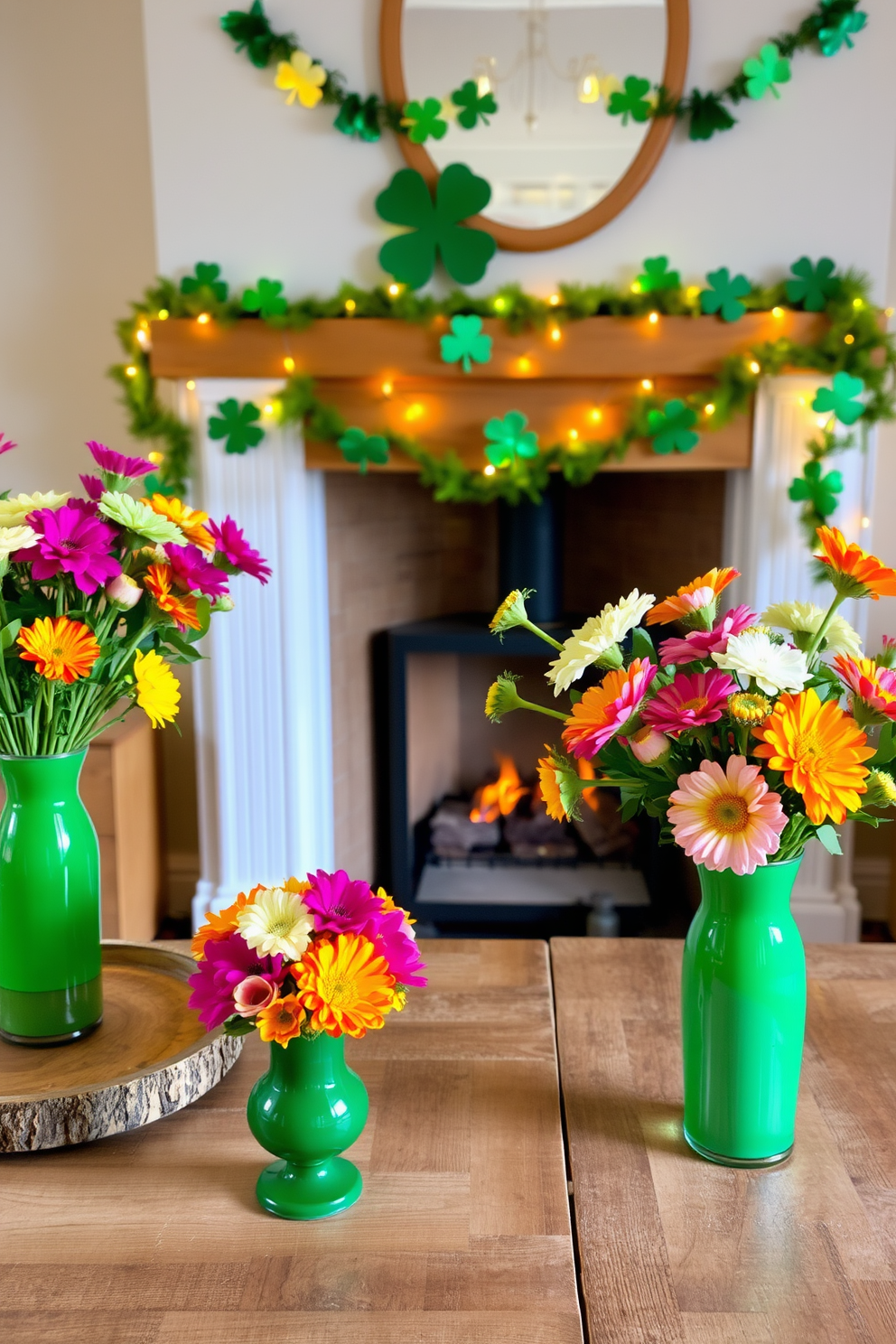 A vibrant arrangement of fresh flowers in elegant green vases is placed on a rustic wooden table. The bright colors of the flowers contrast beautifully with the earthy tones of the surrounding decor. A cozy fireplace is adorned with festive decorations for St. Patrick's Day. Shamrock garlands and twinkling fairy lights create a warm and inviting atmosphere in the room.