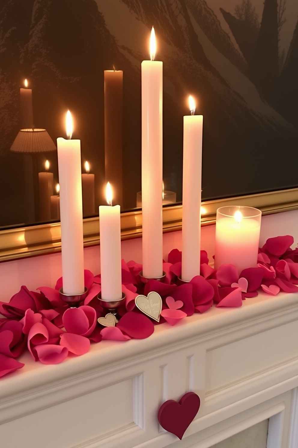 A romantic candle arrangement on the mantel creates an intimate atmosphere. Softly flickering candles in varying heights are surrounded by delicate rose petals and small heart-shaped decorations.