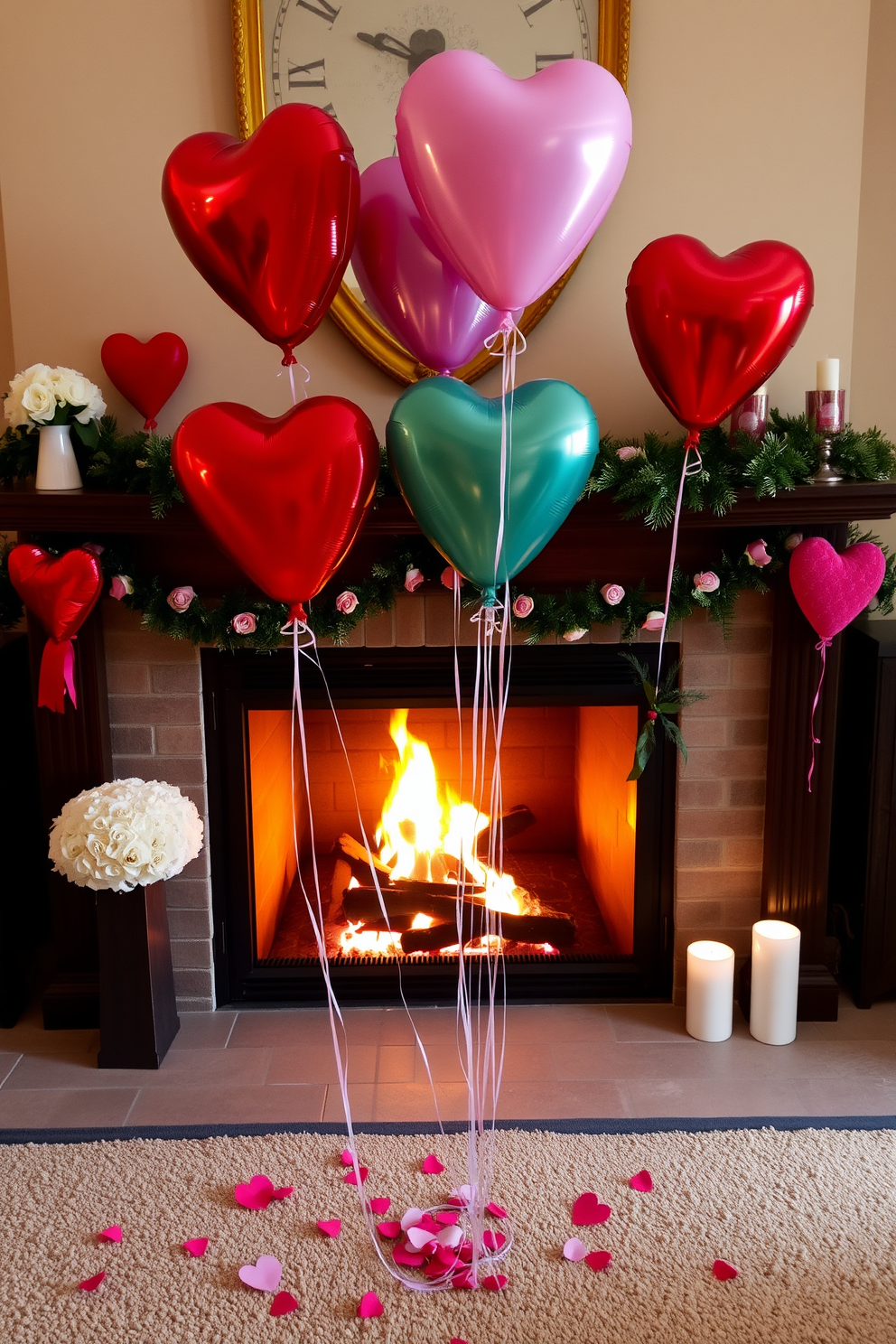 A whimsical display of heart-shaped balloons floats gently near a cozy fireplace adorned with romantic decorations. The warm glow of the fire complements the vibrant colors of the balloons, creating a festive atmosphere perfect for Valentine's Day celebrations.