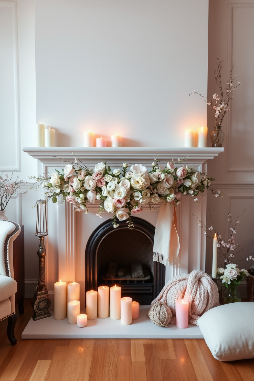 Soft pastel colored candles in clusters create a warm and inviting atmosphere. The gentle glow of the candles enhances the romantic ambiance, perfect for a cozy Valentine's Day setting. A beautifully arranged fireplace serves as the focal point of the room. Adorn it with delicate floral accents and soft textiles to complement the pastel theme.