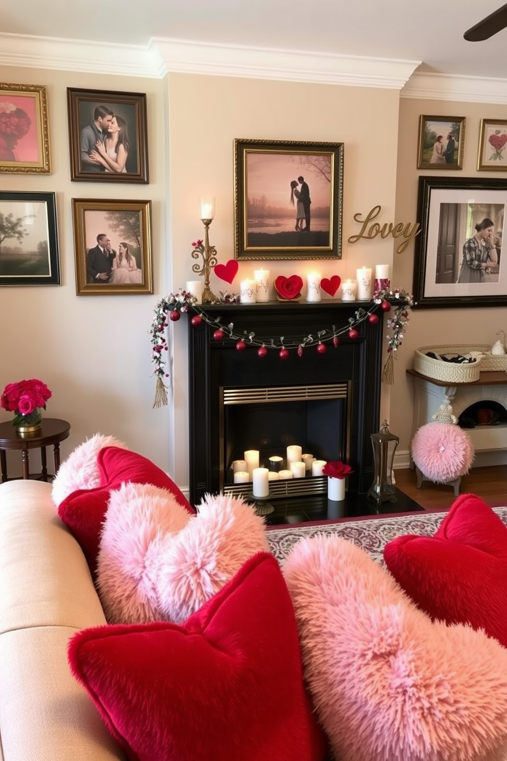 A cozy living room adorned with seasonal artwork that celebrates love themes. The walls are decorated with framed prints depicting romantic scenes, while a charming fireplace serves as the focal point of the room. For Valentine's Day, the mantel is adorned with heart-shaped decorations and soft candlelight. Plush throw pillows in shades of red and pink are scattered across the sofa, creating an inviting atmosphere.