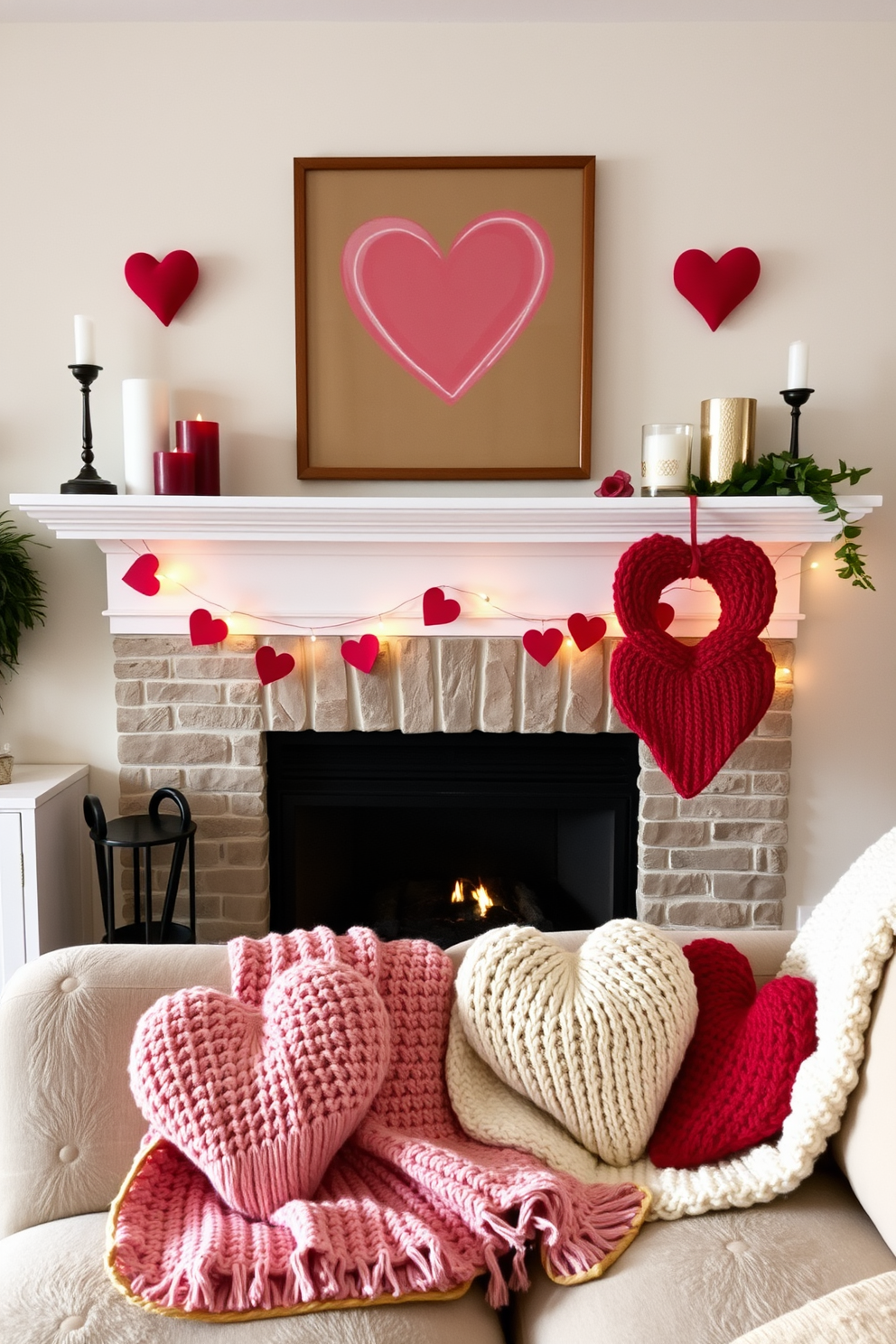 A cozy living room adorned for Valentine's Day features a warm fireplace with a rustic mantel. Above the mantel, heart-shaped artwork is hung, and knit heart-shaped throw blankets are casually draped over a plush sofa.