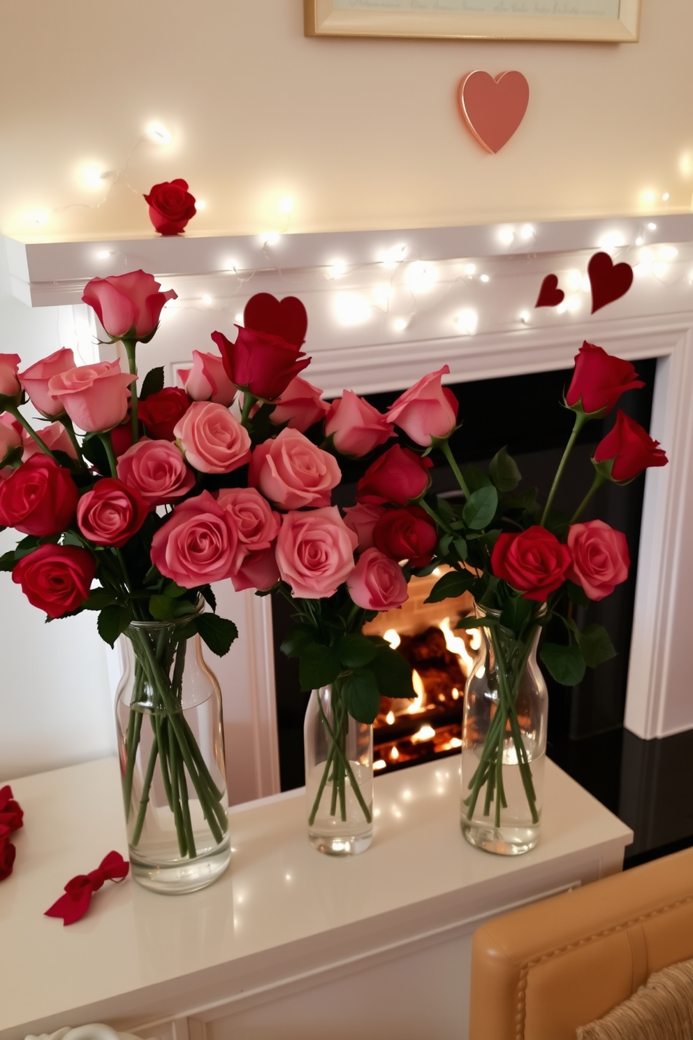 Elegant glass vases filled with fresh roses are arranged on a sleek mantelpiece. The roses in various shades of pink and red create a romantic atmosphere for Valentine's Day. A cozy fireplace crackles softly, adorned with twinkling fairy lights and heart-shaped decorations. The warm glow of the flames enhances the intimate setting, making it perfect for a romantic evening.