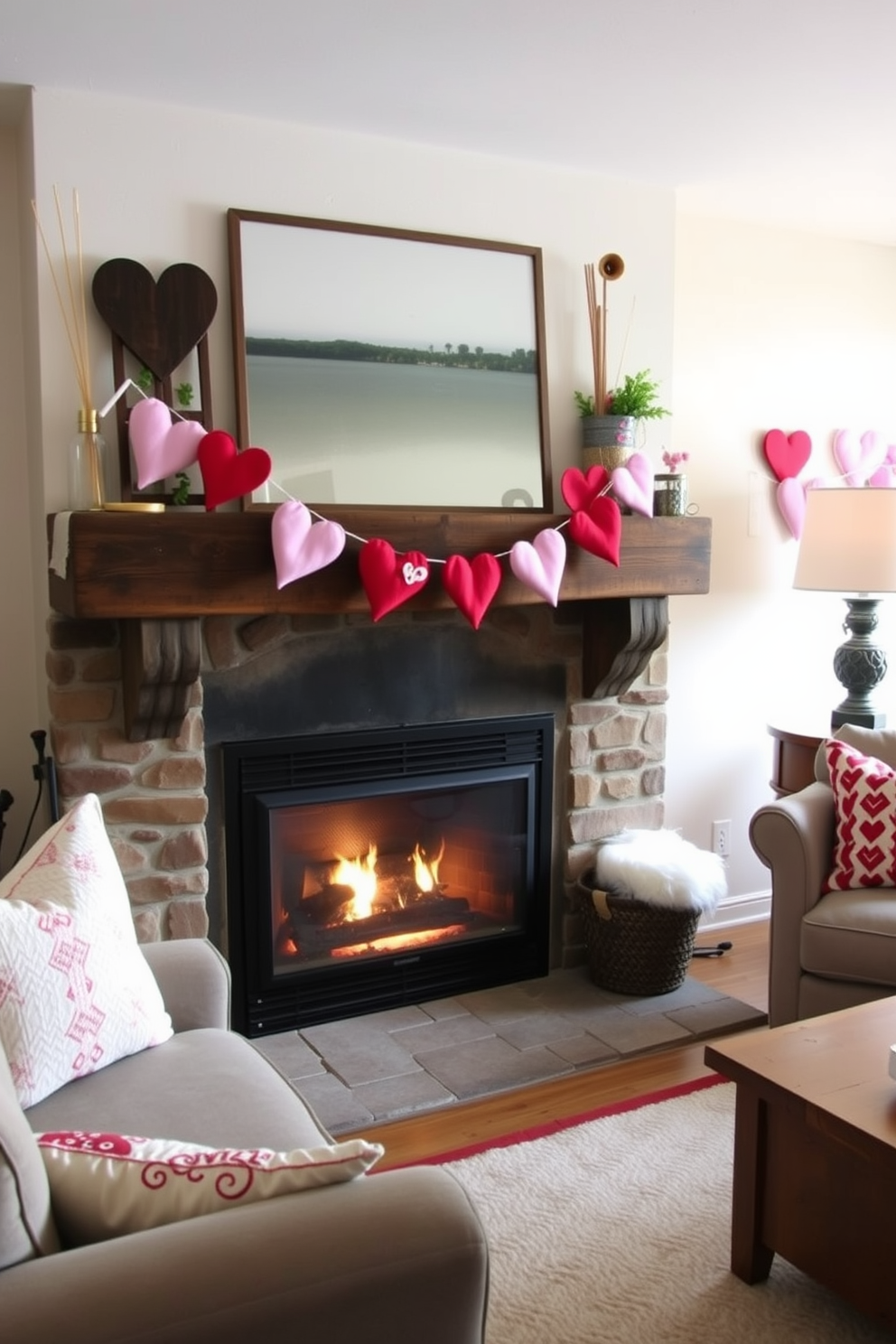 A cozy living room setting featuring a rustic mantel adorned with DIY felt heart banners. The fireplace is warmly lit, creating an inviting atmosphere for Valentine's Day celebrations.