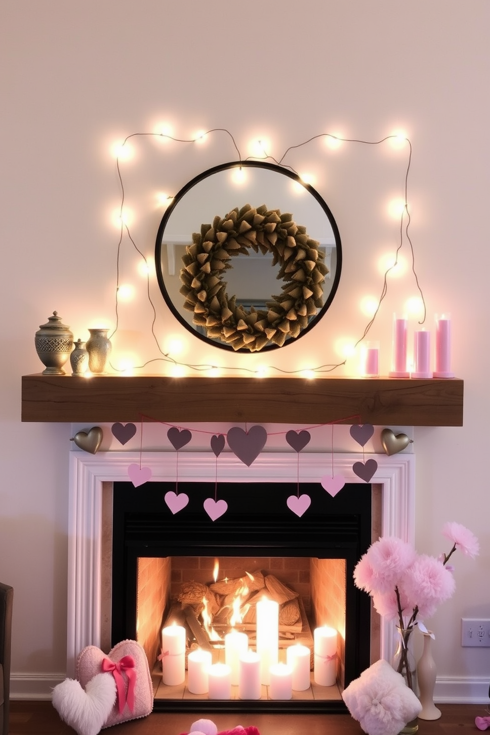 A cozy living room setting featuring a rustic mantel adorned with string lights that create a warm glow. The fireplace below is decorated with heart-shaped ornaments and soft pink accents, perfect for a Valentine's Day celebration.