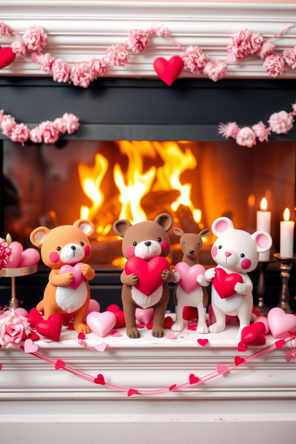 Cute animal figurines holding hearts are arranged playfully on a mantelpiece adorned with soft pink and red decorations. A cozy fireplace crackles softly in the background, surrounded by Valentine's Day-themed accents like heart-shaped garlands and flickering candles.