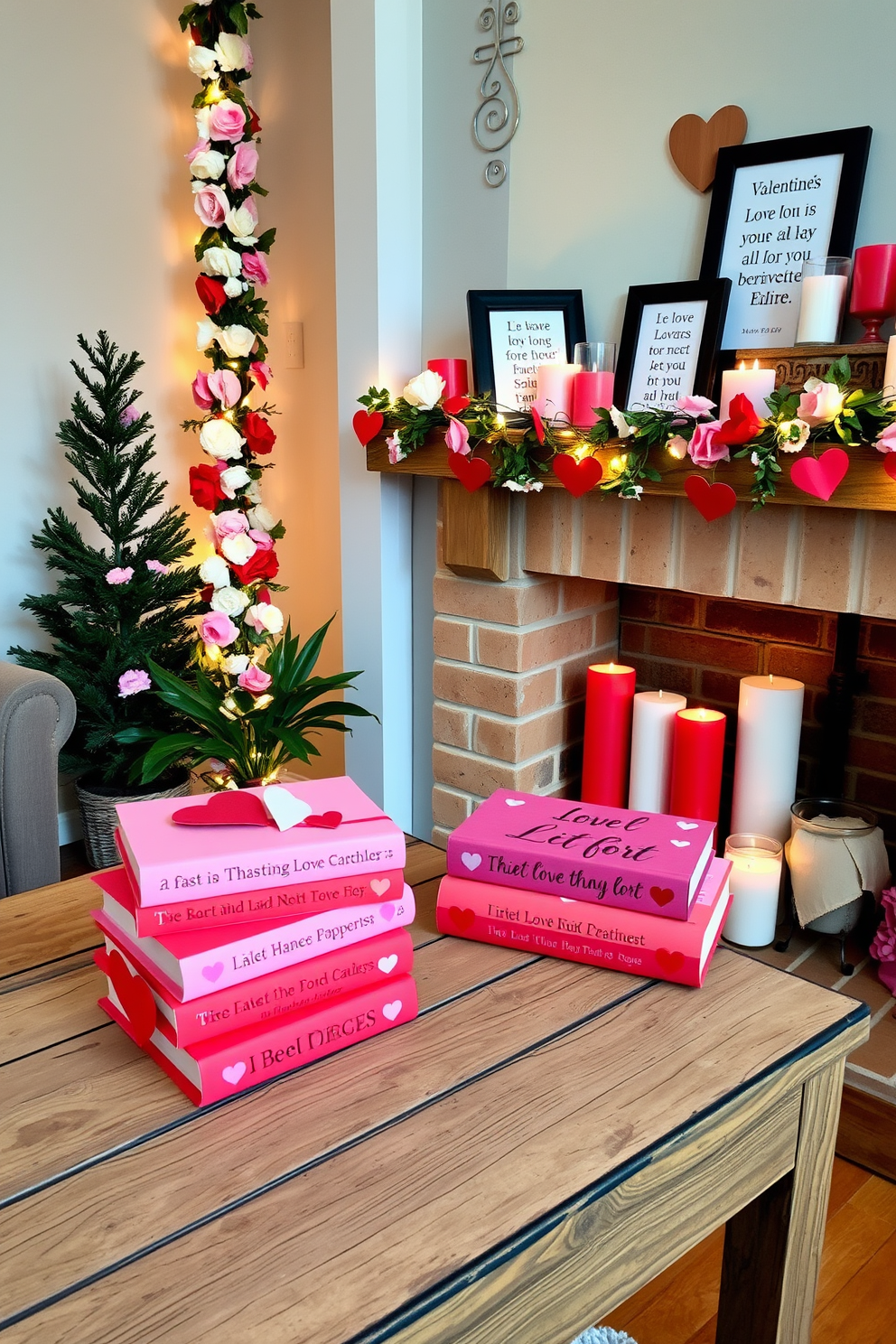 A charming Valentine themed book stack display is arranged on a rustic wooden table. The books are covered in pink and red paper, with heart-shaped decorations adorning the spines. Next to the book stack, a cozy fireplace is adorned with garlands of faux flowers and twinkling fairy lights. The mantel features a collection of heart-shaped candles and framed love quotes, creating a warm and inviting atmosphere for Valentine's Day.