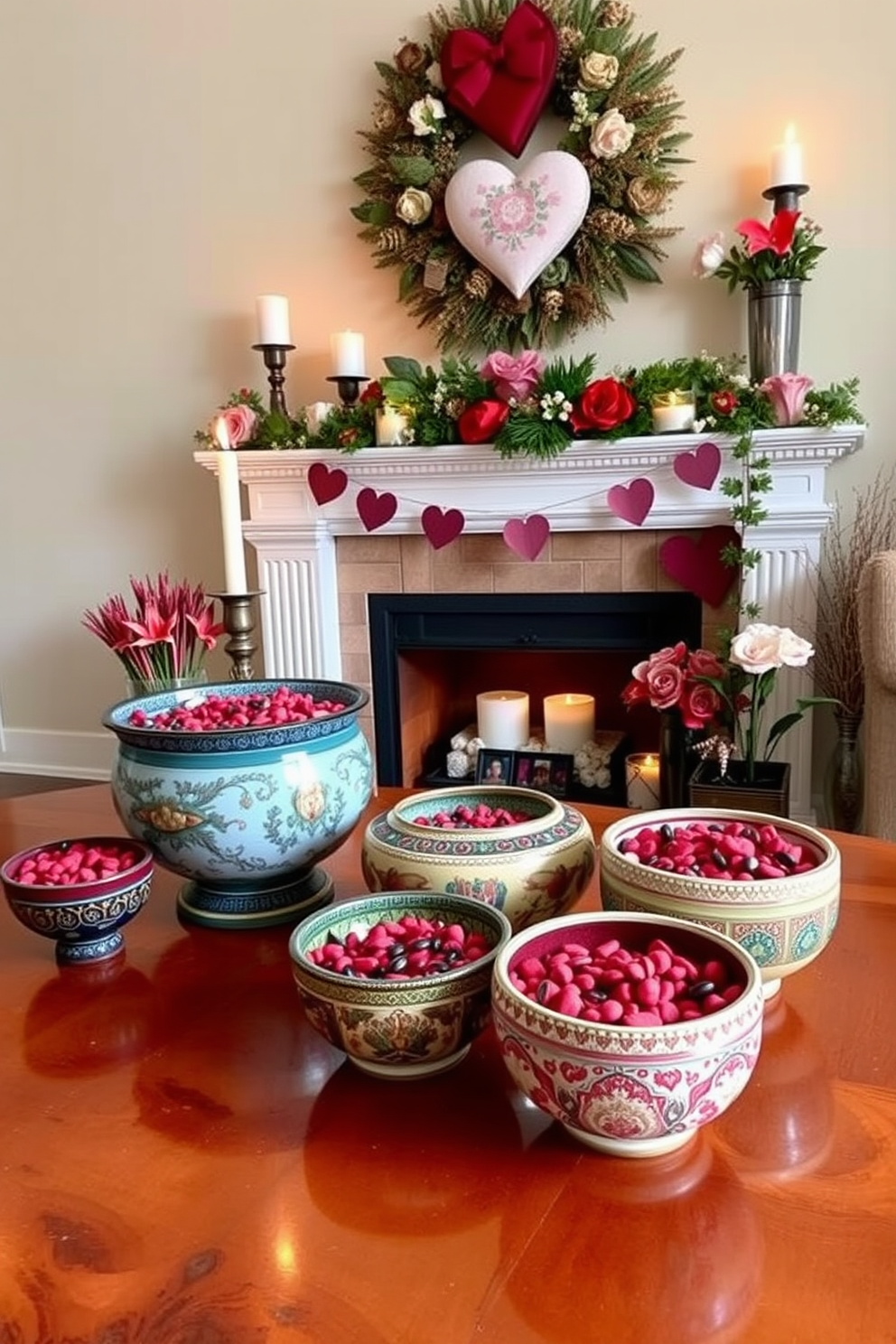 A collection of decorative bowls filled with fragrant potpourri is arranged on a polished wooden table. The bowls feature intricate designs and vibrant colors, enhancing the cozy atmosphere of the room. A beautifully styled fireplace adorned with seasonal decorations sets the perfect scene for Valentine's Day. Soft candlelight flickers alongside heart-shaped accents and fresh flowers, creating a warm and inviting ambiance.