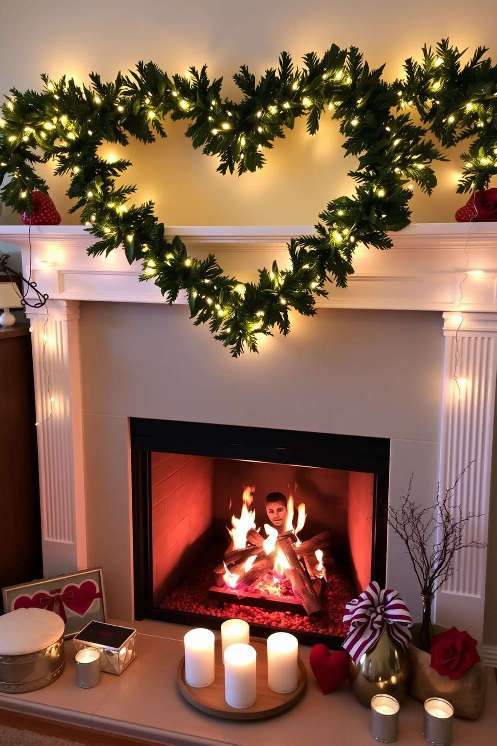 A heart-shaped garland drapes elegantly across the mantel, adorned with twinkling fairy lights that create a warm and inviting glow. Below the garland, a cozy fireplace crackles softly, surrounded by decorative candles and seasonal accents for a romantic Valentine's Day ambiance.