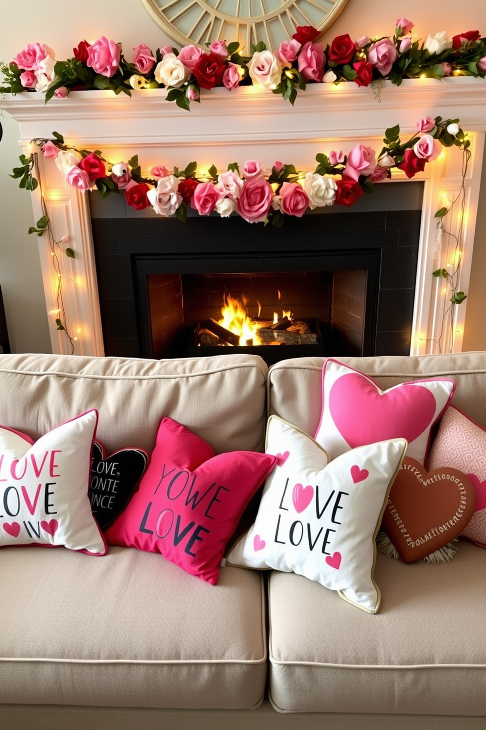 Quirky love-themed decorative pillows in various shapes and colors are scattered across a cozy couch. Each pillow features playful designs such as hearts, love quotes, and whimsical patterns that add a fun touch to the space. A stylish fireplace is adorned with festive decorations for Valentine's Day. Surrounding the hearth, garlands of faux flowers and twinkling fairy lights create a warm and inviting atmosphere perfect for a romantic evening.