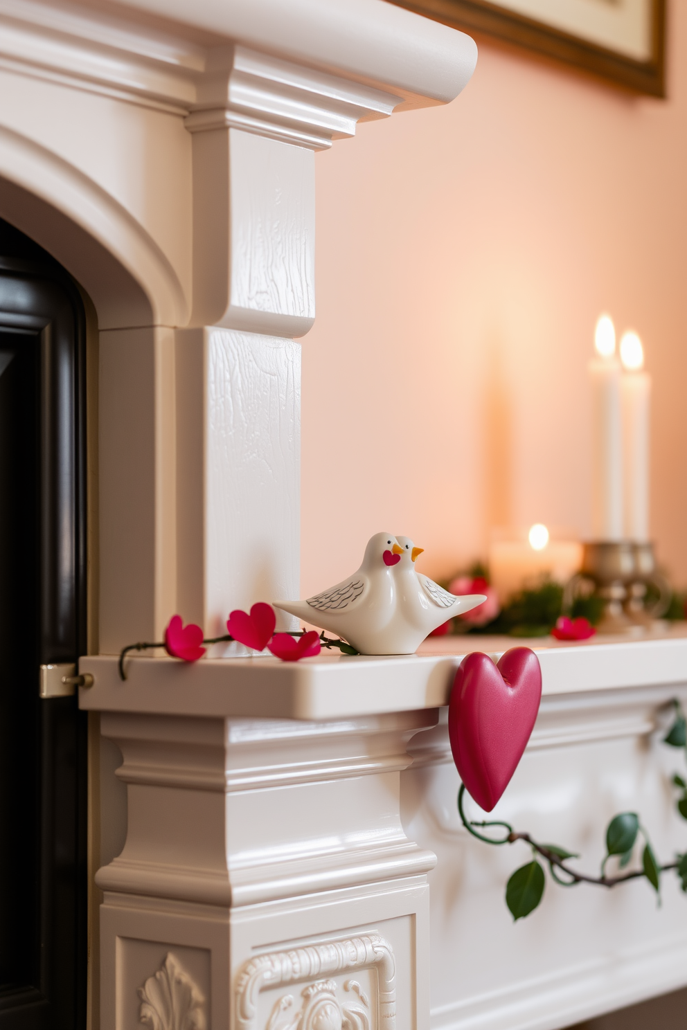 A charming mantel is adorned with delicate ceramic lovebirds, symbolizing love and togetherness. Soft candlelight flickers nearby, creating a warm and inviting atmosphere for Valentine's Day celebrations.